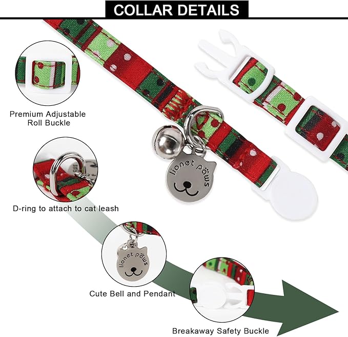Lionet Paws 2pcs Pack Cotton Cat Collar,Breakaway Buckle Christmas Cat Colar with Santa,Red Green Dot Cute Adjustable Cat Kitten Collar,Ideal for Boy Cats