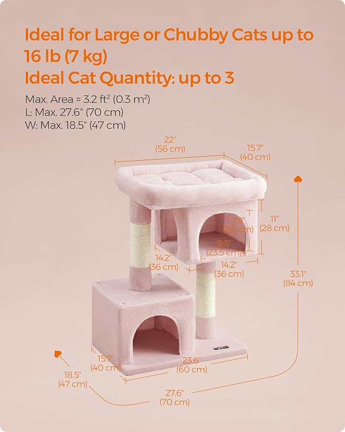 Feandrea Cat Tree, 33.1-Inch Cat Tower, Plush Condo for Large Cats up to 16 lb, Large Perch, 2 Caves, Scratching Post, Jelly Pink UPCT061P01