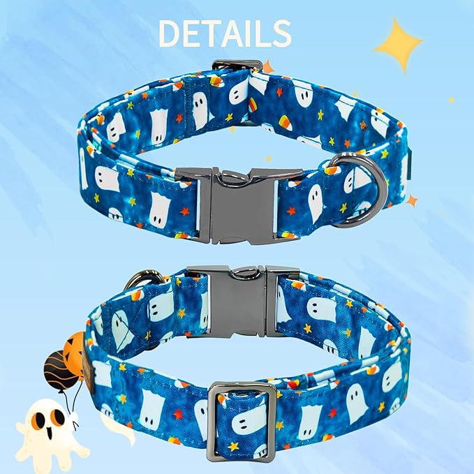 Halloween Dog Collar, Ghost Print Adjustable Pet Collar Blue Cute Cotton Soft Collars with Bow Tie Fall Metal Buckle Holiday Puppy Collars Boy&Girl Gift for Small Dogs