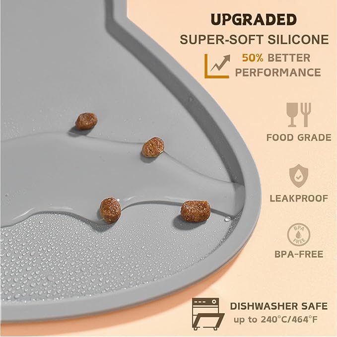 Cat Food Mat, Silicone Pet Feeding Mat for Floor Non-Slip Waterproof Dog Water Bowl Tray Cushion (20" x 12", Dark Gray)