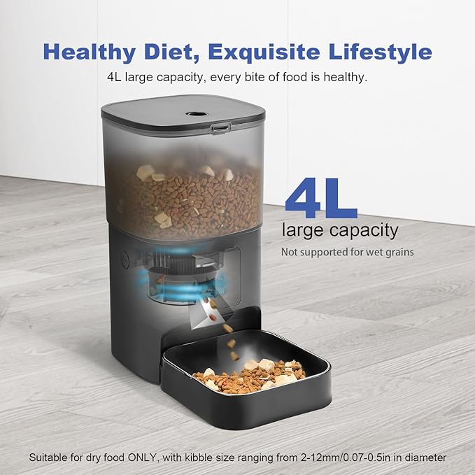2.4G Automatic Cat Feeder, Cat Food Dispenser with 10s Voice Recorder, Pet Feeder up to 8 Meals per Day, Timed Feeder with Dry Food Sealed Ring (Black, 4L-WiFi)