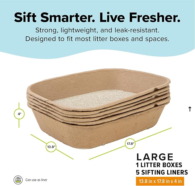 Kitty Sift (Set of 1 Litter Box & 5 Sifting Liners) Disposable Sifting Cat Litter Box Large, 6 Count, Durable and Portable for Travel and Home Odor Control