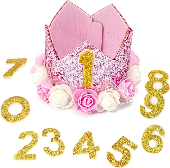 Pet Crown Dog Birthday Hat Reusable Birthday Party Crown Girl Cat Doggie Headband Hats with 0-9 Figures Charms Gift Grooming Accessories with Glue Dots Pack of 1(Pink)