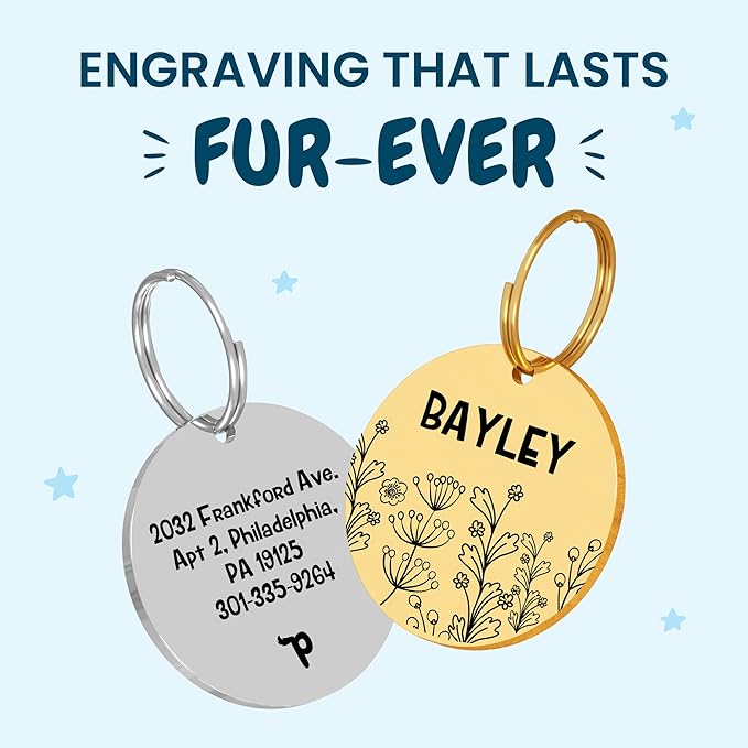 PawFurEver Custom Engraved Pet ID Tag – Personalized Dog Name Tag for Dogs and Cats, Stainless Steel Collar Accessory with Cute Designs for pet Name Tags (Circle, Gold)