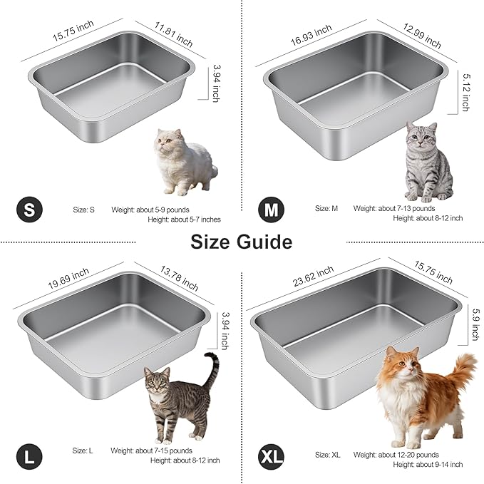 Large Stainless Steel Litter Box with High Sided, Metal Cat Litter Box, Odor-Free Non-Stick Litterbox Pan, Easy to Clean Pet Supplies Toilet Tray for Indoor Cats, Kittens or Multicat Homes