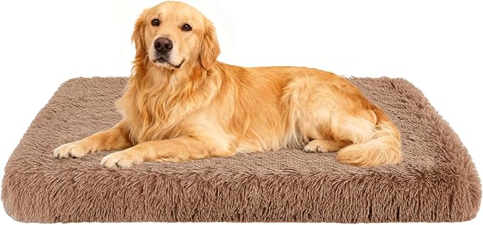 Fluffy Orthopedic Dog Beds for Large Dogs with Washable Removable Cover Dog Crate Bed Egg Crate Foam Support Plush Pet Pad Mat with Anti-Slip Bottom (42 * 28,Khaki)