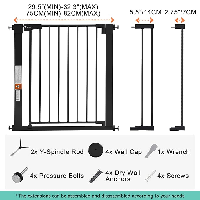 COMOMY 30" Tall Baby Gate for Stairs Doorways, Fits Openings 29.5" to 40.5" Wide, Auto Close Extra Wide Dog Gate for House, Pressure Mounted Easy Walk Through Pet Gate with Door, Black