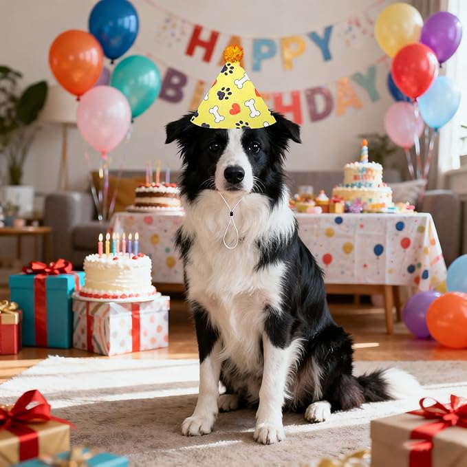 6pcs Dog Birthday Party Hats Felt for Large XL XXL Giant Breed Dogs Paw Bone Print with Pompons for Holiday Birthday Wedding Costume Head Wear Accessories