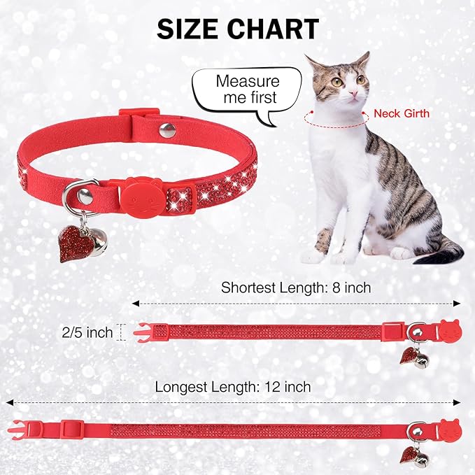 Rhinestone Cat Collar Breakaway with Bell, Diamond Cat Collar with Safety Buckle Quick Release for Girl Boy Small Kitten Pets Puppy,Cute Soft Female Male Cat Collars, Christmas 8-12"