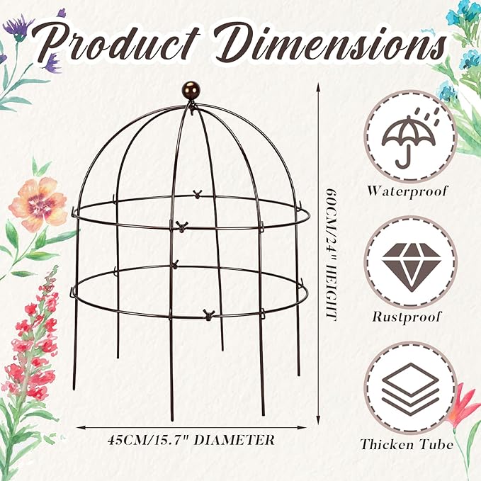 BreezeHug 3 Pack 24 H Peony Cage Climbing Plant Trellis Bird Cage Plant Support Through Flower Support for Perennial Flowers, Vintage Gold