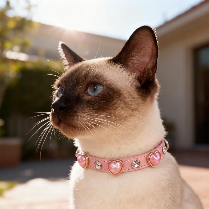 EXPAWLORER Valentine's Day Leather Cat Collar for Girl Boy- Adjustable Pet Collar with Safety Elastic Belt,Personalized Rhinestone Accessories Buckle Collars with Bell & Durable D-Ring,Heart (Pink)