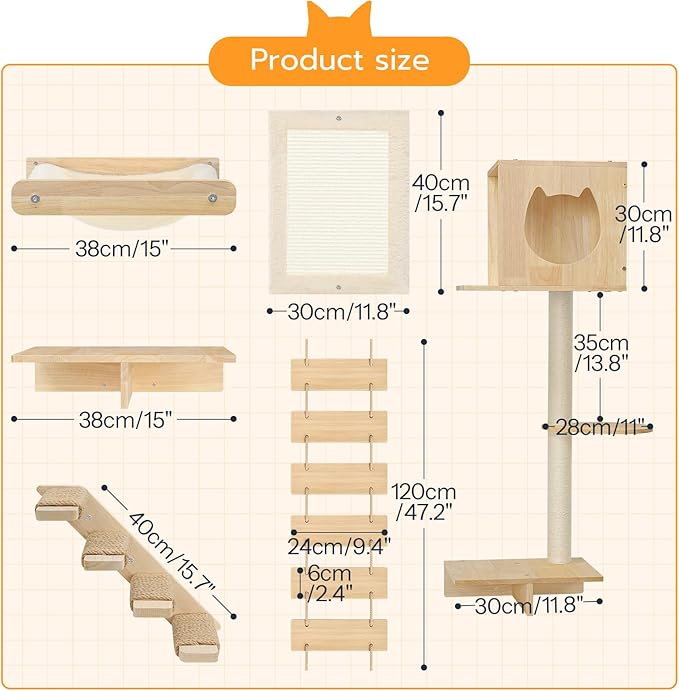 HOOBRO Wood Cat Wall Shelves, Set of 5 Modern Cat Wall Furniture with Corridor, Plush Hammock, Steps, Scratcher and Climbing Shelves for Playing, Sturdy, Durable and Safe, Natural NL45CS03