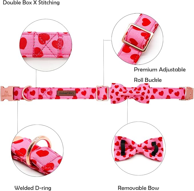 Lionheart glory Dog Bow Collar Valentine's Day Dog Collar for Large Dogs, Hearts Dog Collars with Bowtie Spring Dog Collar Pet Collar Bows