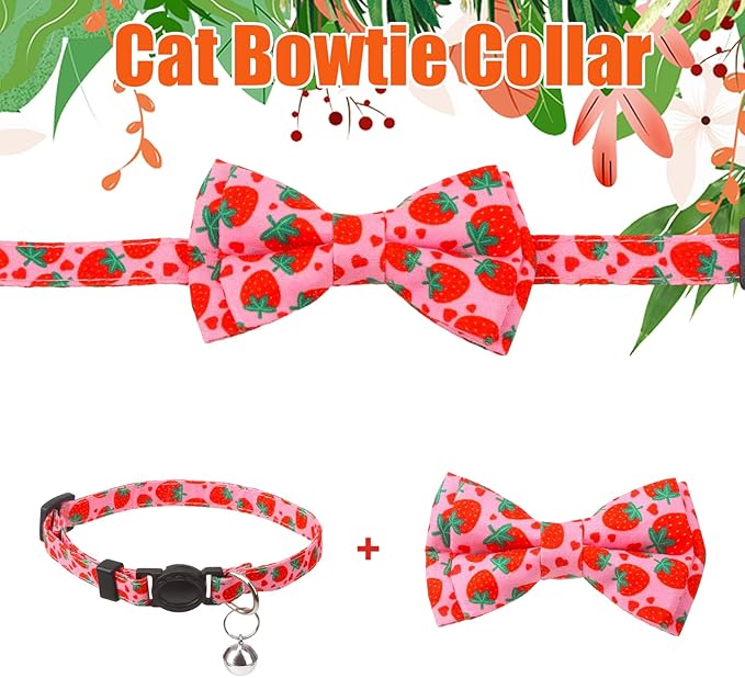 4 Pack Cat Collar with Bow Tie and Bell Breakaway Fruit Cat Collars Spring Summer Adjustable Safety Kitten Collar for Boy Girl Cats