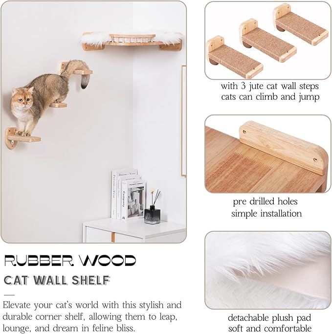 Cat Shelves - 3-Step Wall Climbing Set with Plush Bed, Ideal for Large Cats - RubberWood