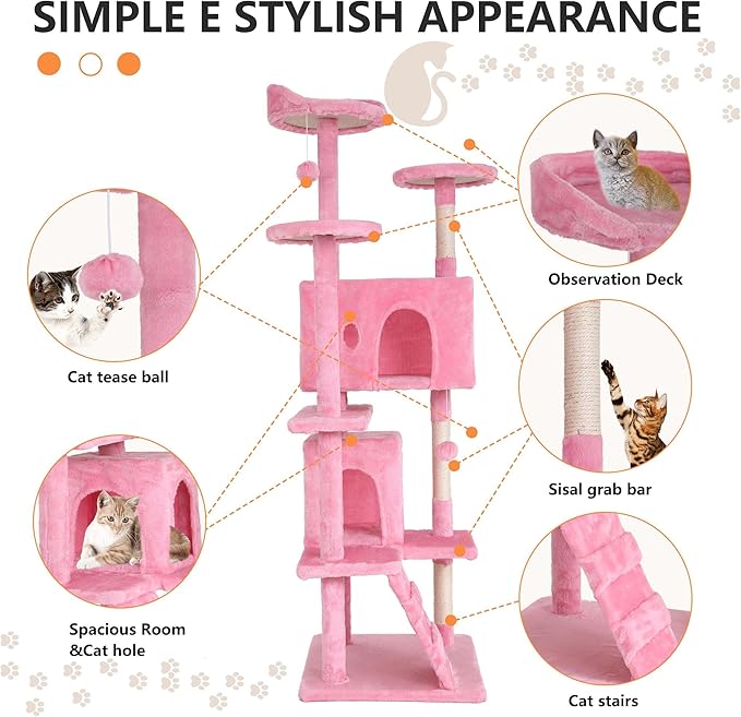 70 Inch Pink Cat Tree, Tall Cat Tower with 2 Condos, 3 Scratching Posts, Multi-Level Platforms - Sturdy Climbing Structure Tall Cat Tower for Indoor Cats