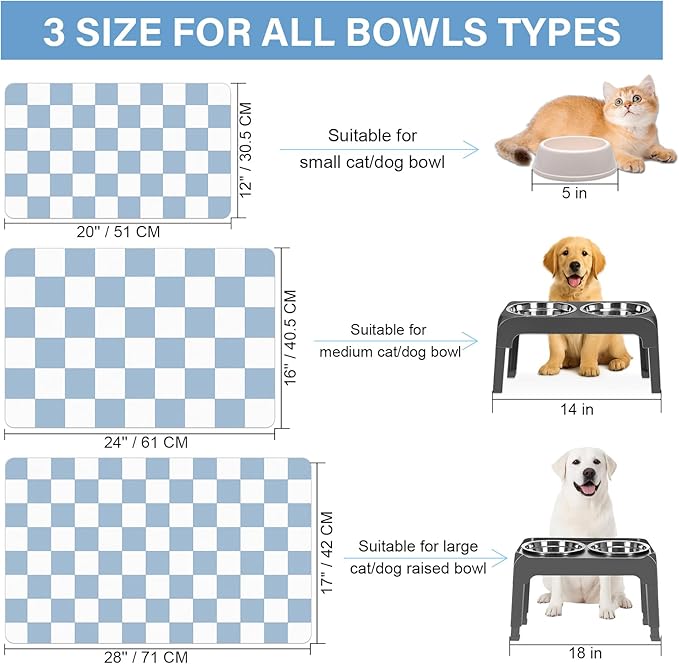 Pet Feeding Mat, 16"x 24" Absorbent Dog Food Mat, Checkered Cat Bowl Mats, Easy to Clean Pet Placemats, Quick Dry Dog Water Dispenser Mats for Messy Drinkers, Blue & White