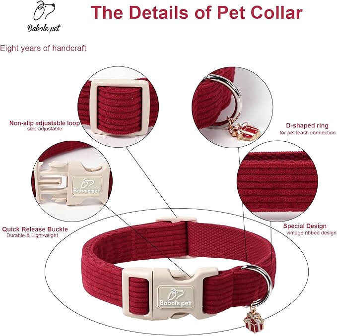 Cute Corduroy Dog Collar - Burgundy Adjustable Dog Collars for X-Small Dogs 4-10lbs, Fade-Proof with Secure Snap & Little Charm, Christmas Birthday Gift, XS