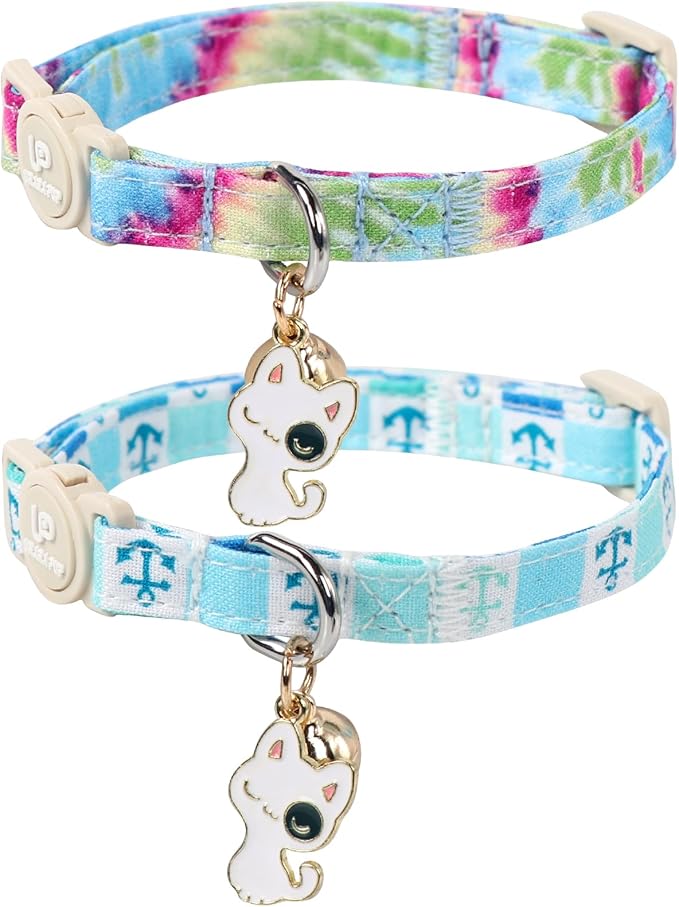 Cat Collar, 2 Pack Cat Collars Cute Breakaway Tiedye Cat Collar with Bell, Holiday Kitten Collars Summer Blue Grid Kitty Collar with Safety Buckle for Girl and Boy Cats