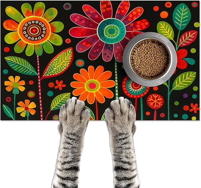Vibrant Flower Pattern Pet Food Mat Spill-Proof Cat Feeding Mats Non-Slip Mat for Dog Food and Water Bowls Trendy Easy Clean Fast Dry Cat Food Mats for Indoor Cats 20" x 12"