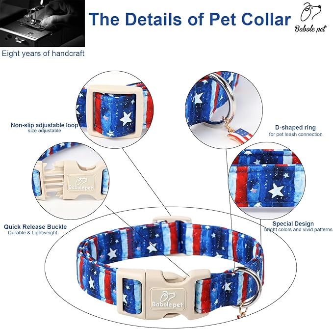 4th of July Dog Collar, Stars & Stripes Patriotic Dog Collars for Medium Dogs, Adjustable Lightweight Quick-Release Buckle Collar for Boy&Girl Dogs M