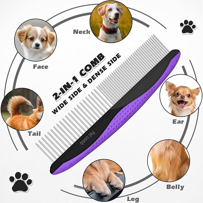 3PCS Pet Grooming Rake & Metal Comb & Flea Comb for Cats and Dogs, Double-Sided Dematting Tool, Extra-Wide Deshedding Dog Brush for Long Hair to Effectively Remove Tangles, Knots and Mats (Purple)