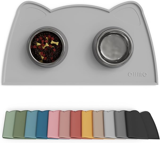 OHMO - Cat Food Mat, Silicone Pet Feeding Mat for Floor Non-Skid Waterproof Dog Water Bowl Tray, Easy to Clean Pet Placemat (Ash Light Grey, 18 * 9.8'')