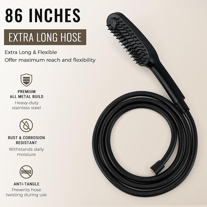 G-Promise 3 Mode Dog Shower Attachment with Pause Mode, Dog shower Sprayer with 86 Inches Stainless Steel Hose, Metal Diverter, Adhesive Holder, for Fast and Easy Dog Bathing and Cleaning(Matte Black)