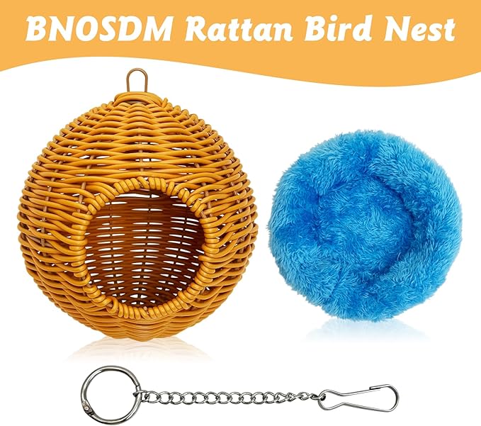 BNOSDM Rattan Bird Nest Parrot Nesting House Parakeet Hanging Swing Soft Lovebird Warm Bed Sleeping for Parrots Bird Cage Accessories for Cockatiels Budgerigars Finches Canaries (Single-Hole Style)