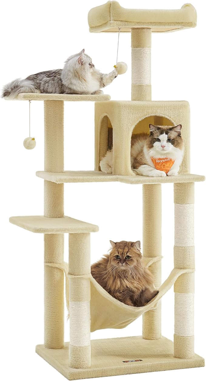 Feandrea Cat Tree, 55.1-Inch Cat Tower, Plush Multi-Level Condo with 4 Scratching Posts, 2 Perches, Hammock, Cave, Beige UPCT161M01