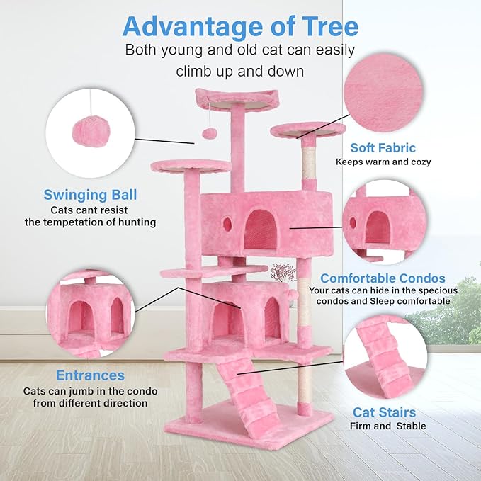FDW | 54" Cat Tree Tower | Pink | Multi-Level Indoor Activity Center with Sisal Scratching Posts, Condos, Plush Perches, Hanging Cat Toys | Sturdy, Easy to Assemble | for Kittens & Adult Cats