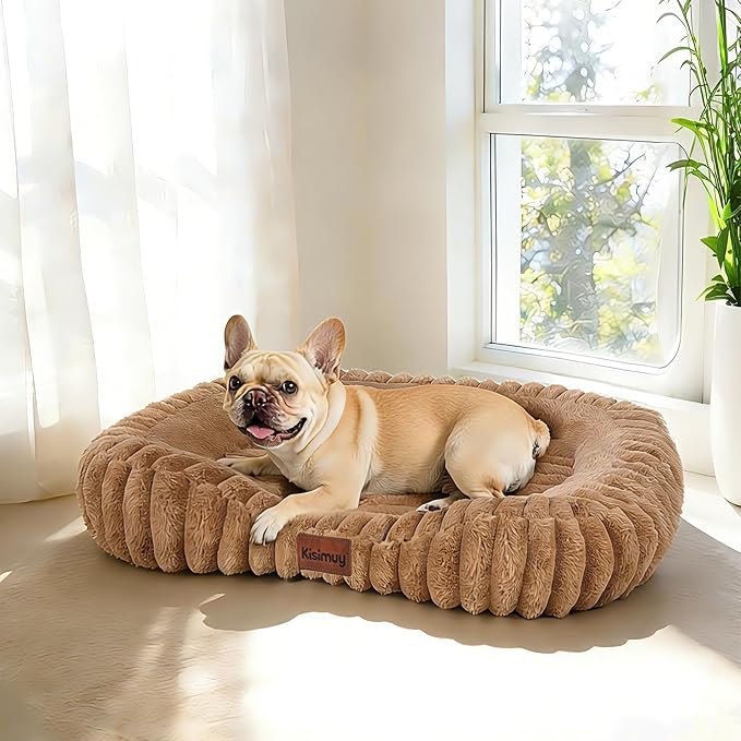 Cute Dog Bed for Medium Size Dog, Calming Medium Dog Cat Bed with Anti-Slip Bottom, Washable Soft Faux Fur Pet Bed, Rectangle Puppy Bed with Handle for Indoor Pets, 30" x 24" x 5", Brown