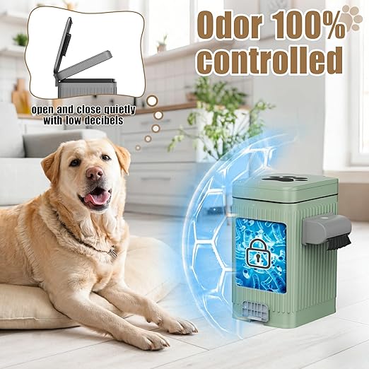 Dog Poop Trash Can for Outside & Indoor, 5L/1.3Gal Small Pet Waste Bin with Odor Control Carbon Filter, 2-Way Open (Step & Press Top), Dog Waste Container with Trash Bag Holder, Green