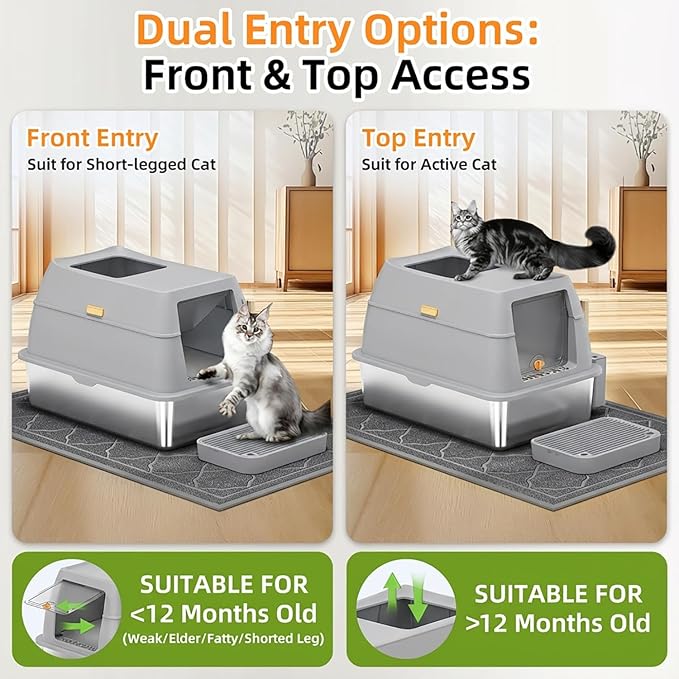 Stainless Steel Litter Box with Lid,Front Entry Top Exit Kitty LitterBox,Extra Large Enclosed Metal Cat Box with Litter Scoop & Litter Mat-Light Gray
