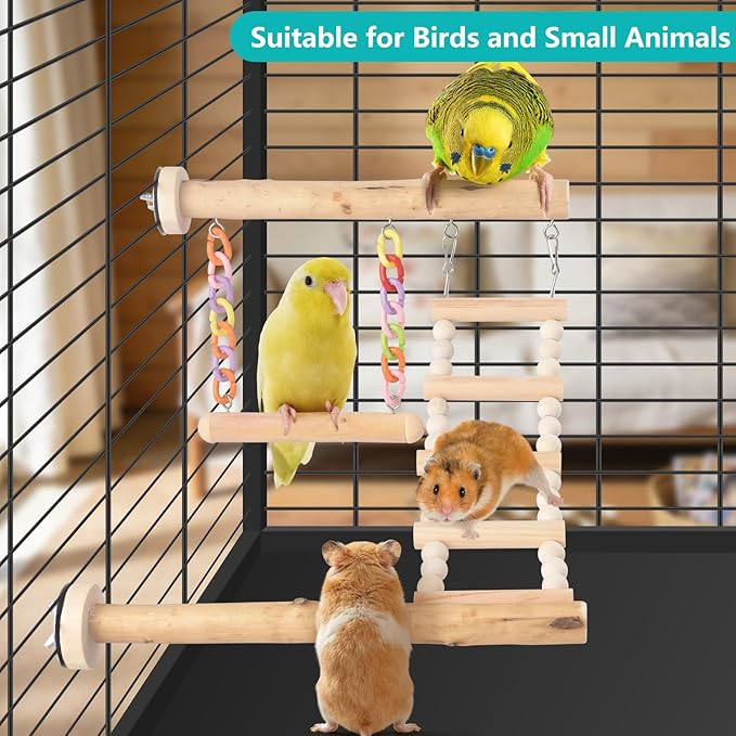 Bird Perches Ladder with Swing, Natural Wood Parrot Climbing Bridge Perch Toys, Exercise Play Stand Parakeet Cage Accessories for Budgie Cockatiel Green-Cheeked Conure Caique