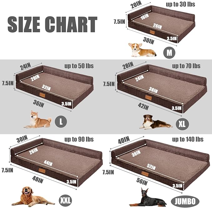 Patas Lague Orthopedic Dog Bed Medium Size Dog 30''X20'', Waterproof L Bolster Medium Pet Sofa Beds with Removable Washable Cover, Soft Comfortable Pet Couch Crate Mat with Nonskid Bottom, Brown