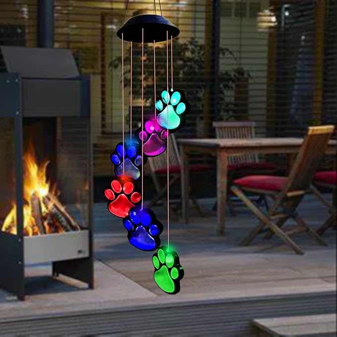 Paw Print Solar Wind Chimes for Outside, Dogs Cat Pet Pawprint Remembrance Wind Chimes,Waterproof Color Changing Solar Hanging Lights,Sympathy Gift for Pet Lover,Balcony,Patio,Yard Decor