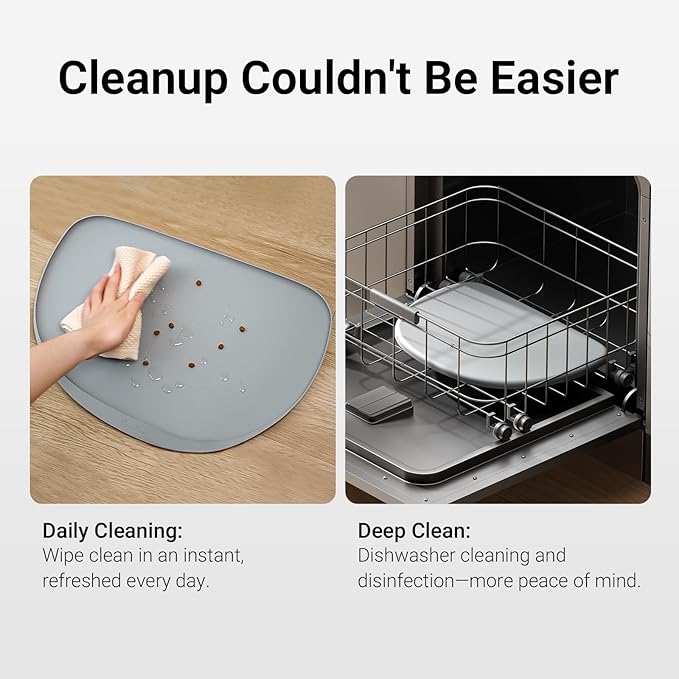 DownyPaws Cat Food Mats for Floors Waterproof, BPA Free Silicone Pet Feeding Mat, Non-Slip Pet Food Mat with High Raised Edge, Cat Placemat for Messy Drinkers, 18"×12.5", Gray