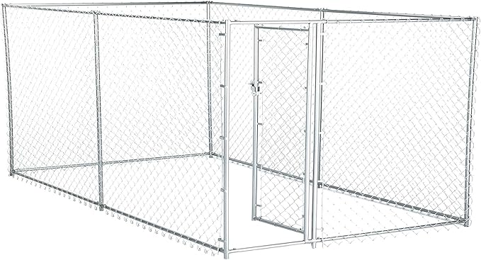 Lucky Dog Heavy Duty Outdoor Galvanized Chain Link Dog Kennel Enclosure with Latching Door, 1.5 Inch Raised Legs, and Adjustable Configuration, Silver