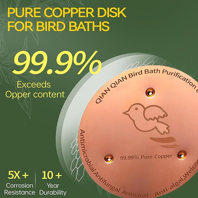 Bird Bath Copper Disk, Copper Bird Bath Purification Disk, Pure Copper Cleaning Disk with Triple-Point Support for Physical Safe Clean Water All-Season, Universal Fit for Outdoor Bird Baths & Bowls