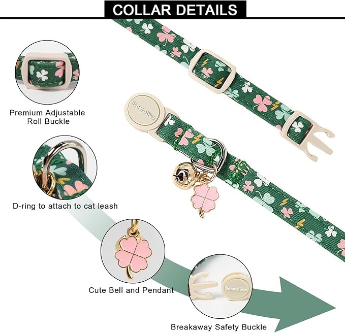 Lionet Paws 2pcs Pack St. Patrick Cotton Cat Collar,Breakaway Buckle with Green Clover and Rainbow Adjustable Pink Cat Kitten Collar,Ideal for Girl Cats Boy