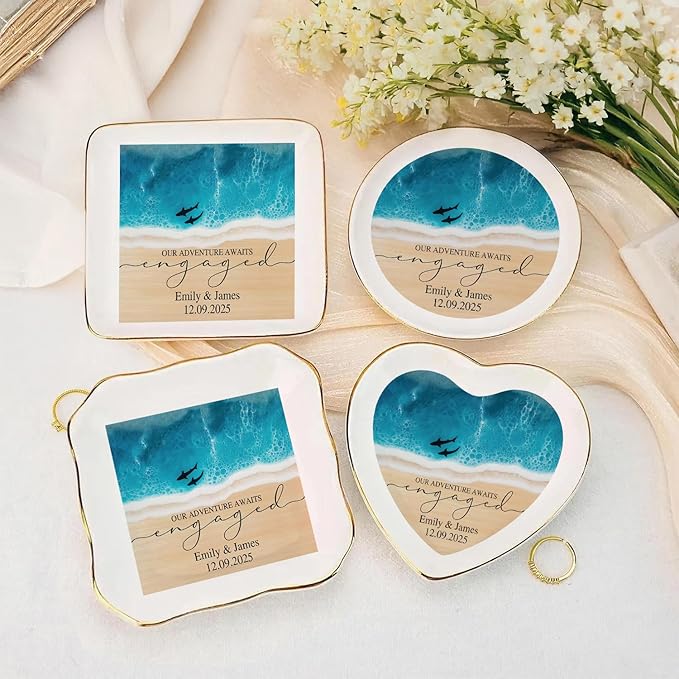 Personalized Beach Ring Dish Engagement Gift, Our Adventure Awaits Engaged Trinker Holder, Jewelry Tray Gifts for Newly Engaged Couple, Anniversary Wedding Gift for Her Bride