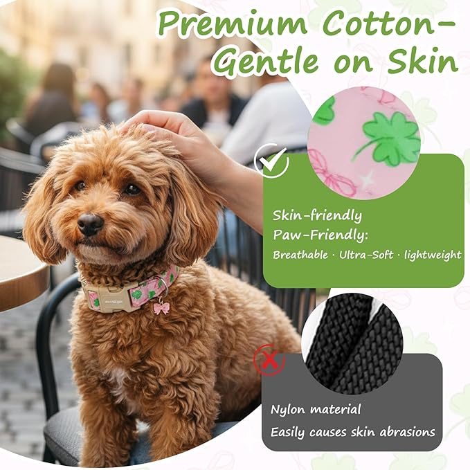 St. Patrick's Day Dog Collar,Pink Bow with Green Clover Puppy Collar,Adjustable Spring Cotton Collars Gifts for Small Medium Large Dogs,Dog Accessories S