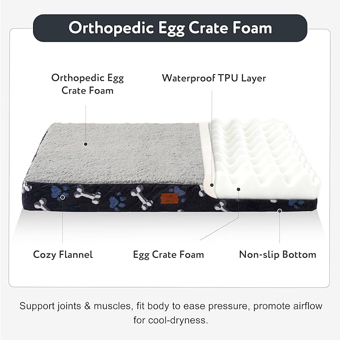 Waterproof Orthopedic Dog Bed for Extra Large Dogs 41x27x4 Inch - Egg Crate Foam Pet Crate Bed with Removable Washable Cover, Plush Top Anti-Slip Bed Mat, Navy