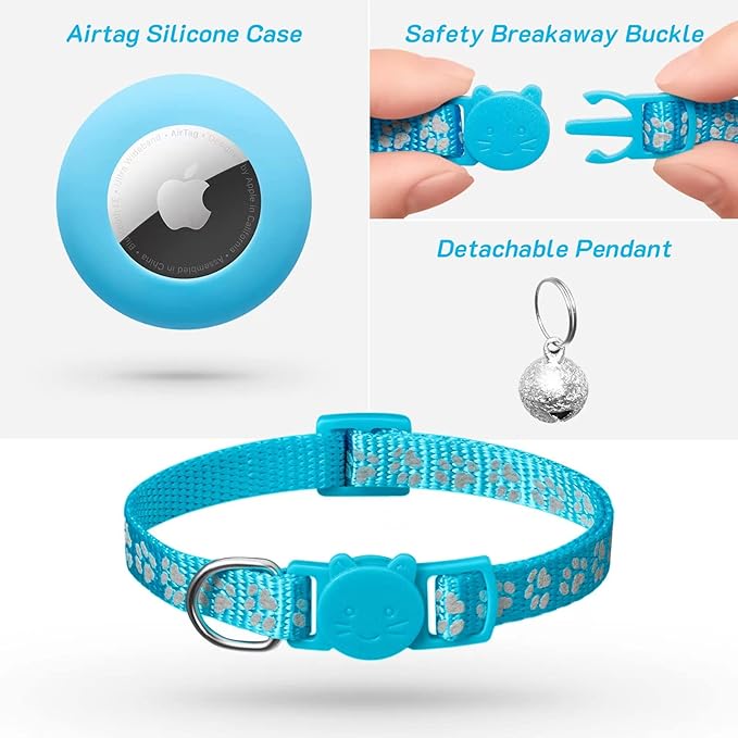2 Pack Airtag Cat Collar Breakaway with Bell,Reflective Kitten Collar with Apple Airtag Cat Collar Holder,Adjustable 7-12In,Safety Buckle for Girl Boy Cats,Pet Supplies,Accessories,Gifts (Blue)
