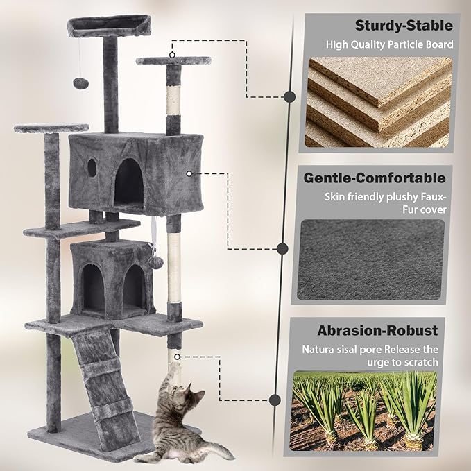 Heavy Duty Cat Tree Tower, 70" Tall Cat Tower for Indoor Cats with Cat Scratching Post with Bed, Cat Condo, Hanging Ball, Multi-Level Cat Climbing Tower Cat Trees Furniture Activity Center, Ashy
