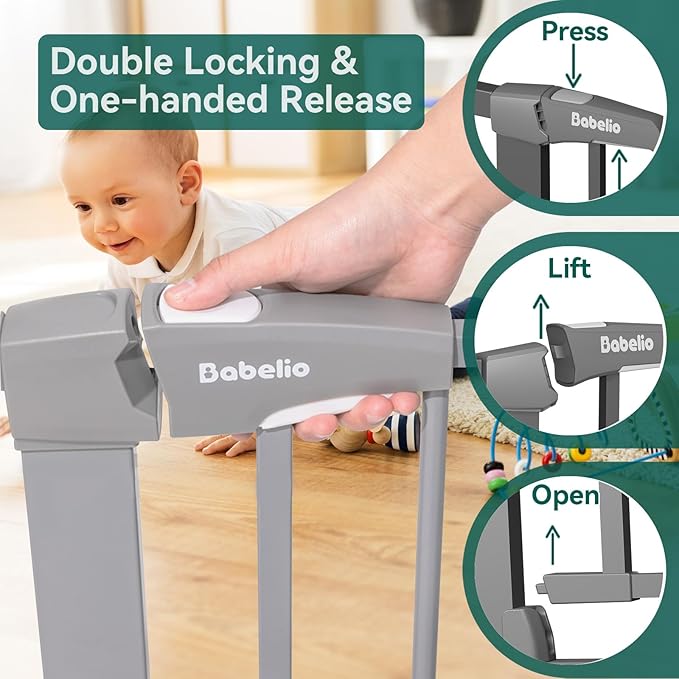 BABELIO 36" Tall Baby Gate, 26-40" Wide Auto Close Pet Gate, PressGuard C5 Pressure Mounted Metal Dog Gate, Easy-Install No Drilling, No Tools Needed, with Wall Protectors and Extension Kits, Gray