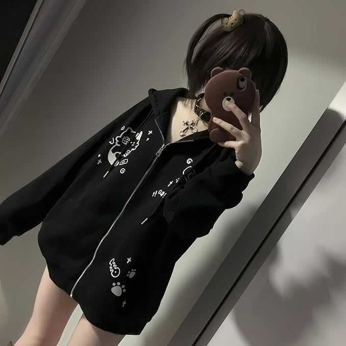 Womens Y2K Zip Up Cute Graphic Hoodies Cat Ears Casual Cartoon Harajuku Kawaii Clothes Oversize Streetwear Jacket