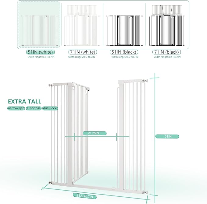 51" Extra Tall Cat Gate 28.5"-48.7" Wide, Auto Close, Pressure Mounted, for Cats & Small Dogs, Hallway, Stairs, Kitchen, Not Baby Gate,White