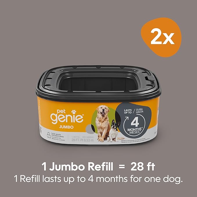 Pet Genie Refill Bags | Jumbo 2-Pack, 56 Total ft | Up to 8 Months of Supply in 2 cartridges | Ultimate Odor Control Dog Poop Bags